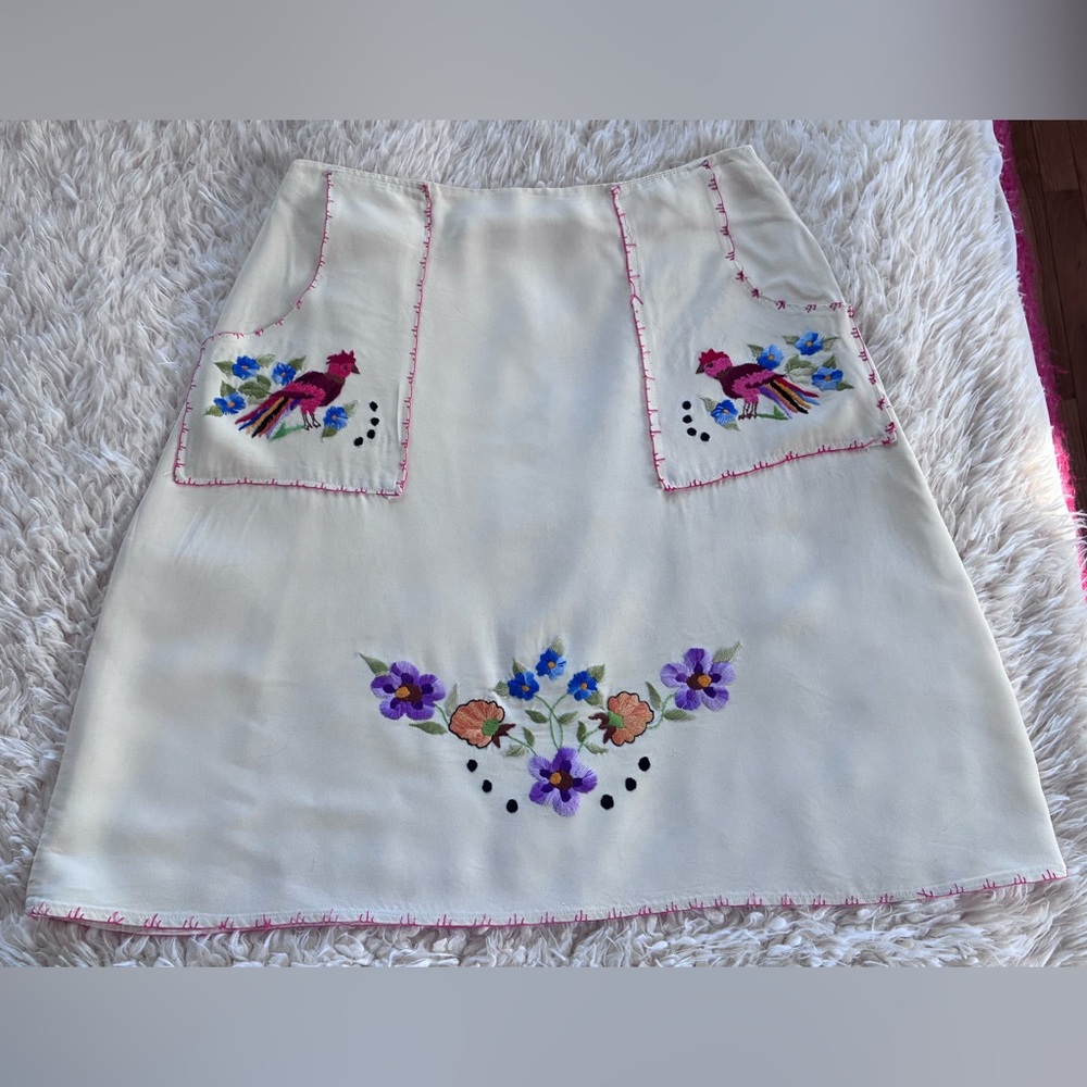 Vintage Embroidered Butter Yellow Skirt with Floral and Bird Design